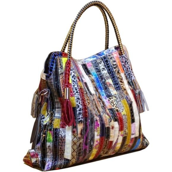 Women's Multicolor Big Boston Bag Genuine Leather RANDOM Colorful Patchwork - Picture 3 of 7